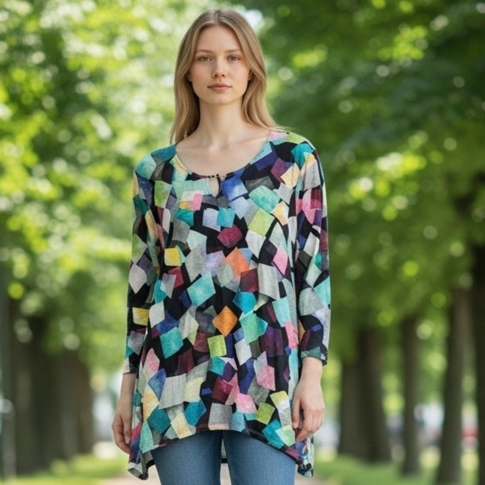 Alfred Dunner Womens XL Multicolor Geometric Patchwork 3/4 Sleeve Tunic Top